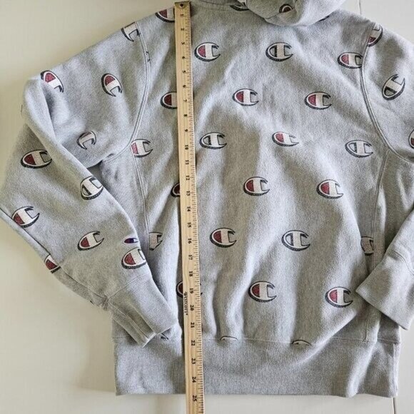 Champion Hoodie Mens S Grey Reverse Weave Kanga Pocket LS AOP Y2K Preppy Casual - Picture 6 of 12